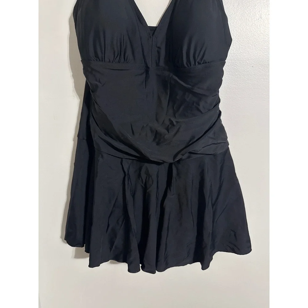 Shekini Women Black V-Neck Ruched One Piece Swimdress Swimsuit Size XL